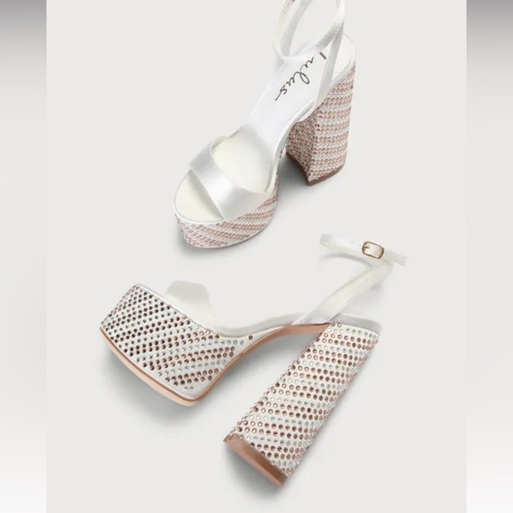 02 ivory satin ,white satin Rhinestone block junky heels sandal satin b… - Picture 5 of 6